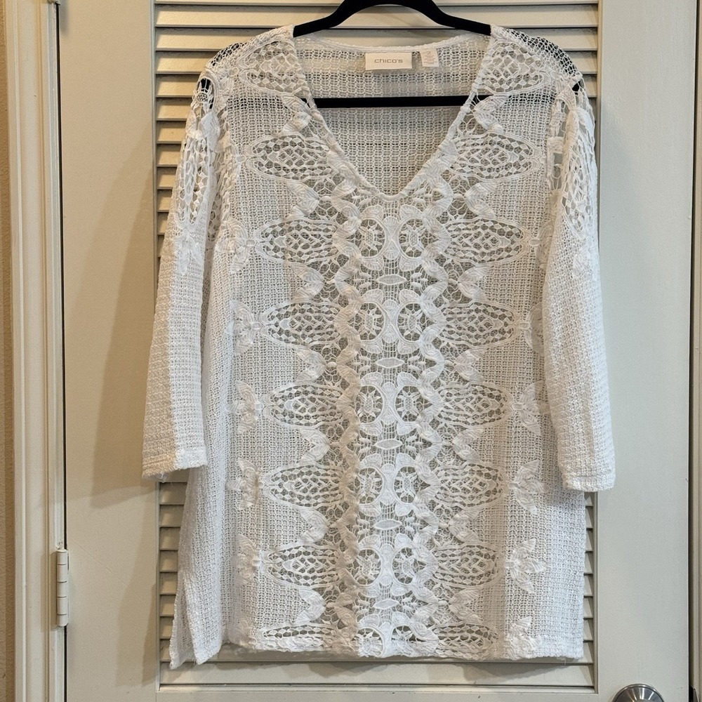 Chicos Crochet Lace Tunic Cover Up White Boho Beach‎ Top Large Chico's Sz 2